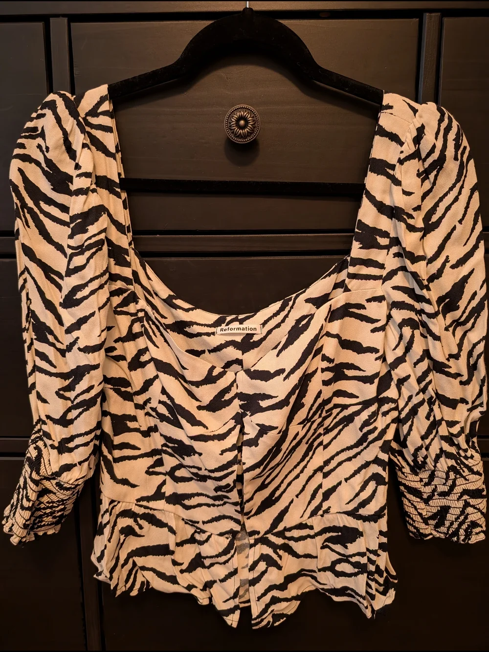 Reformation Dallas Zebra Print Square Neck Puff Sleeve Top - Black & Cream